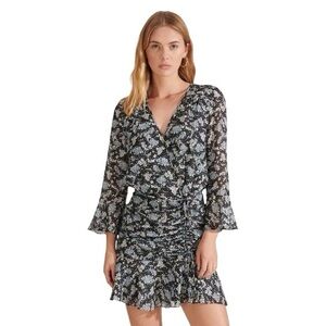 Veronica Beard 8 floral mini dress 100% silk black blue ruched ruffles flare